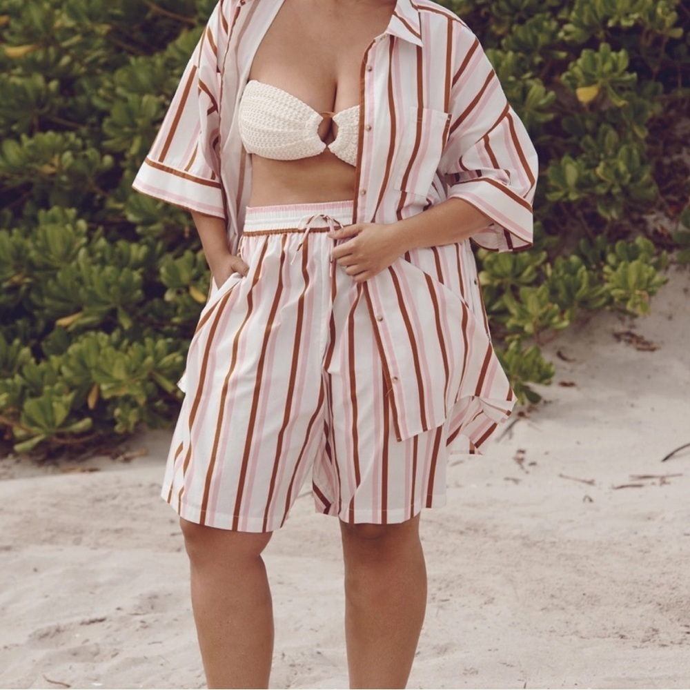 Anthropologie Boxy Buttondown Shirt Striped Coverup & Short Coord Set NWT - Picture 6 of 7